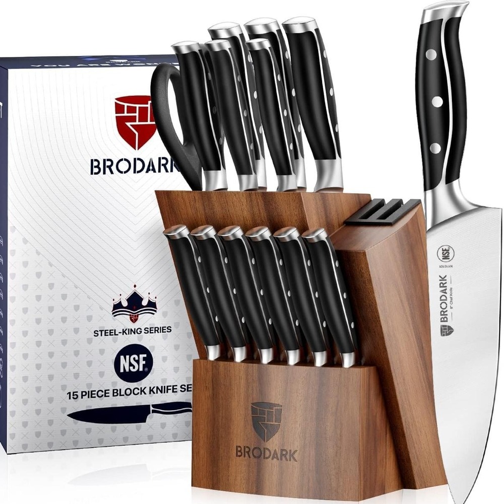BRODARK 15 Piece Knife Block Set Steel-King German Steel Black Acacia Wood